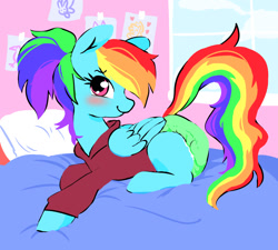 Size: 1280x1152 | Tagged: safe, artist:onc3l3rphobix, rainbow dash, pegasus, pony, g4, bed, bedroom, blushing, clothes, cute, diaper, diaper fetish, fetish, hoodie, lying down, non-baby in diaper, ponytail, solo, sweater