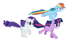 Size: 1204x721 | Tagged: safe, artist:benpictures1, rainbow dash, rarity, twilight sparkle, pegasus, pony, unicorn, dragon quest, g4, female, floppy ears, flying, gritted teeth, inkscape, running, simple background, teeth, trio, trio female, unicorn twilight, vector, white background