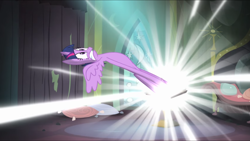Size: 1136x640 | Tagged: safe, screencap, twilight sparkle, alicorn, pony, g4, power ponies (episode), book, comic book, cute, faic, female, great moments in animation, gritted teeth, portal, smear frame, solo, teeth, twiabetes, twilight sparkle (alicorn)
