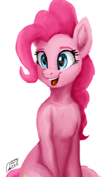 Size: 1600x2560 | Tagged: safe, artist:raphaeldavid, pinkie pie, earth pony, pony, g4, chest fluff, ear fluff, happy, looking at something, signature, simple background, solo, white background