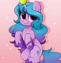 Size: 3975x4096 | Tagged: safe, artist:kittyrosie, izzy moonbow, pony, unicorn, g5, absurd resolution, ball, blushing, bracelet, cute, female, horn, horn guard, horn impalement, hornball, izzy's tennis ball, izzybetes, jewelry, looking at you, mare, raised hoof, smiling, solo, tennis ball, unshorn fetlocks