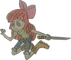 Size: 1600x1352 | Tagged: safe, artist:jebens1, artist:therandomone95, apple bloom, equestria girls, g4, angry, apple bloom's bow, boots, bow, clothes, cropped, hair bow, jeans, leaping, looking down, martial arts, pants, shirt, shoes, simple background, solo, sword, transparent background, weapon