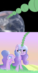 Size: 2590x4967 | Tagged: safe, artist:coffeeponee, izzy moonbow, pony, unicorn, g5, ball, chest fluff, cute, earth, female, grass, happy, high res, horn, horn guard, horn impalement, hornball, izzy's tennis ball, mare, planet, scenery, solo, space, tennis ball, that pony sure does love tennis balls