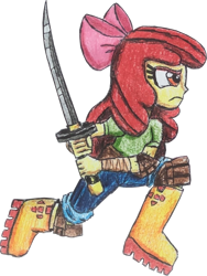 Size: 1800x2398 | Tagged: safe, artist:bozzerkazooers, artist:therandomone95, apple bloom, equestria girls, g4, angry, boots, clothes, cropped, jeans, knee pads, martial arts, pants, shoes, simple background, solo, sword, transparent background, weapon
