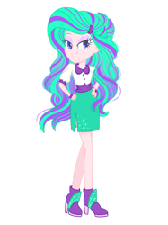 Size: 1280x1708 | Tagged: safe, artist:ocean-drop, oc, oc only, oc:radiance, dracony, hybrid, equestria girls, g4, bedroom eyes, boots, button-up shirt, clothes, female, hand on hip, high heel boots, interspecies offspring, offspring, parent:rarity, parent:spike, parents:sparity, shoes, simple background, skirt, solo, transparent background