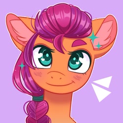 Size: 775x775 | Tagged: safe, artist:duskinova, sunny starscout, earth pony, pony, g5, blushing, braid, bust, cute, ear fluff, female, looking at you, mare, portrait, purple background, simple background, smiling, solo, sunnybetes