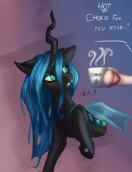 Size: 2340x3040 | Tagged: safe, artist:sugarypolecat, queen chrysalis, changeling, changeling queen, pony, g4, blushing, dark skin, fangs, female, green eyes, high res, horn, text, wings