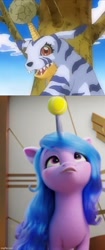 Size: 500x1196 | Tagged: safe, edit, edited screencap, screencap, izzy moonbow, gabumon, pony, unicorn, g5, my little pony: a new generation, spoiler:my little pony: a new generation, 3d, ball, caption, digimon, digimon frontier, horn, horn guard, horn impalement, hornball, image macro, izzy's tennis ball, tennis ball, text