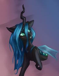 Size: 2340x3040 | Tagged: source needed, safe, artist:sugarypolecat, queen chrysalis, changeling, changeling queen, pony, g4, blushing, dark skin, fangs, female, green eyes, high res, horn, solo, wings