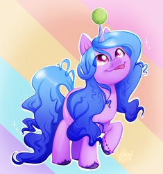 Size: 1926x2048 | Tagged: safe, artist:yokaiihime, izzy moonbow, pony, unicorn, g5, abstract background, ball, bracelet, female, horn, horn guard, horn impalement, hornball, izzy's tennis ball, jewelry, looking up, mare, rainbow, raised hoof, silly, silly pony, solo, tennis ball, tongue out, unshorn fetlocks