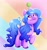 Size: 1926x2048 | Tagged: safe, artist:yokaiihime, izzy moonbow, pony, unicorn, g5, abstract background, ball, bracelet, female, horn, horn guard, horn impalement, hornball, izzy's tennis ball, jewelry, looking up, mare, rainbow, raised hoof, silly, silly pony, solo, tennis ball, tongue out, unshorn fetlocks