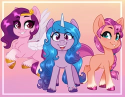 Size: 4096x3186 | Tagged: safe, artist:annakitsun3, izzy moonbow, pipp petals, sunny starscout, earth pony, pegasus, pony, unicorn, g5, adorapipp, bracelet, braid, chest fluff, cute, female, gradient background, grin, izzybetes, jewelry, looking at you, mare, open mouth, red eyes, red-eyed pipp, smiling, sunnybetes, teeth, unshorn fetlocks, wings