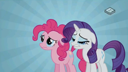 Size: 1280x720 | Tagged: safe, screencap, pinkie pie, rarity, earth pony, pony, unicorn, g4, putting your hoof down, season 2, blue eyes, boomerang (tv channel), crying, duo, duo female, ears back, female, gritted teeth, horn, lidded eyes, lip bite, mare, nose wrinkle, pink mane, pink tail, sad, sunburst background, tail, wavy mouth