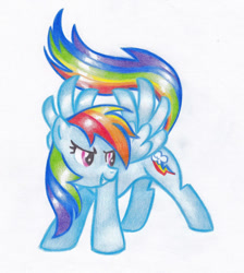 Size: 679x757 | Tagged: safe, artist:miyukikyki, rainbow dash, pegasus, pony, g4, colored pencil drawing, simple background, solo, spread wings, traditional art, white background, wings