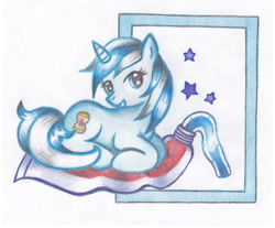 Size: 1138x940 | Tagged: safe, artist:miyukikyki, minuette, pony, unicorn, g4, colored pencil drawing, simple background, solo, toothpaste, traditional art, white background
