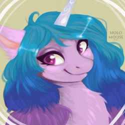 Size: 1000x1000 | Tagged: safe, artist:holomouse, izzy moonbow, pony, unicorn, g5, bust, chest fluff, cute, female, izzybetes, mare, smiling, solo