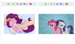 Size: 1123x652 | Tagged: safe, artist:jhayarr23, edit, edited screencap, screencap, pinkie pie, pipp petals, rarity, earth pony, pegasus, pony, unicorn, derpibooru, g4, g5, putting your hoof down, abstract background, adorapipp, bellyrubs, blushing, boomerang (tv channel), crying, cute, duo, duo female, eyes closed, female, floppy ears, heart, juxtaposition, juxtaposition win, lip bite, male, mare, meme, meta, pinkie cry, sad, smiling, tickling, wavy mouth