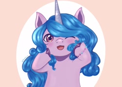 Size: 2048x1448 | Tagged: safe, artist:shipony_cc, izzy moonbow, pony, unicorn, g5, abstract background, blushing, bracelet, cute, female, izzybetes, jewelry, looking at you, mare, one eye closed, open mouth, signature, solo, unshorn fetlocks, wink