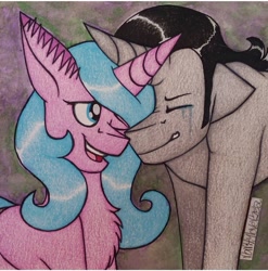 Size: 1079x1091 | Tagged: safe, artist:raritylover152, idw, king sombra, radiant hope, pony, unicorn, g4, comforting, crying, duo, female, male, mare, nuzzling, reformed sombra, ship:hopebra, shipping, stallion, straight, traditional art
