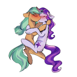 Size: 1772x1772 | Tagged: safe, artist:gallantserver, oc, oc only, oc:frostbite, oc:saccharine, earth pony, pony, unicorn, blushing, female, kiss on the lips, kissing, lesbian, magical lesbian spawn, mare, offspring, parent:apple brown betty, parent:aria blaze, simple background, transparent background