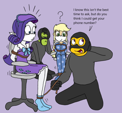 Size: 1732x1607 | Tagged: safe, artist:bugssonicx, applejack, rarity, human, equestria girls, g4, bondage, bound and gagged, cloth gag, clothes, facepalm, female, footed sleeper, footie pajamas, gag, help us, nightgown, onesie, over the nose gag, pajamas, question mark, robbery, rope, rope bondage, sleep mask, sleepover, slumber party, socks, tied to chair, tied up