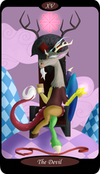 Size: 1500x2591 | Tagged: safe, artist:sixes&sevens, part of a set, discord, draconequus, g4, chaos, chocolate, chocolate milk, cloud, cotton candy, cotton candy cloud, crossed legs, discord's throne, discorded landscape, food, leash, major arcana, male, milk, one eye closed, part of a series, sitting, snapping, solo, stupid sexy discord, tarot card, the devil