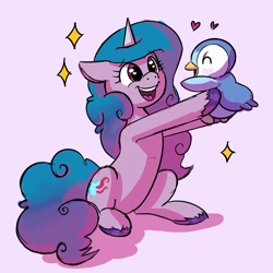 Size: 2048x2048 | Tagged: safe, artist:queenmochni, izzy moonbow, bird, penguin, piplup, pony, unicorn, g5, crossover, eyes closed, female, floppy ears, heart, high res, holding, mare, open mouth, pokémon, simple background, sitting, unshorn fetlocks