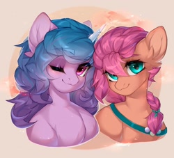 Size: 2048x1862 | Tagged: safe, artist:minekoo2, izzy moonbow, sunny starscout, earth pony, pony, unicorn, g5, my little pony: a new generation, badge, bag, bust, duo, ear fluff, female, looking at you, mare, one eye closed, portrait, satchel, sunny's bag, wink