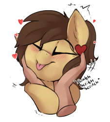 Size: 2226x2457 | Tagged: safe, alternate character, alternate version, artist:beardie, part of a set, oc, oc only, oc:retro hearts, human, pegasus, pony, :p, beardies scritching ponies, blushing, commission, disembodied hand, eyes closed, female, hand, happy, heart, high res, mare, petting, piercing, ponytail, smiling, tongue out, ych result