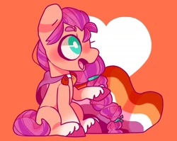 Size: 2000x1590 | Tagged: safe, artist:cocopudu, sunny starscout, earth pony, pony, g5, abstract background, blushing, braid, cape, clothes, cute, female, headcanon, heart, lesbian pride flag, lgbt headcanon, mare, open mouth, pride, pride flag, raised hoof, sexuality headcanon, sitting, solo, sunnybetes, unshorn fetlocks, white pupils