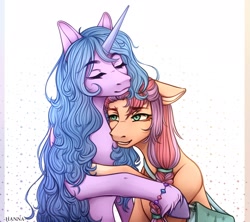 Size: 2048x1817 | Tagged: safe, artist:kakoito_hren, izzy moonbow, sunny starscout, earth pony, pony, unicorn, g5, abstract background, bag, bracelet, braid, duo, eyes closed, female, floppy ears, hug, jewelry, mare, smiling, sunny's bag, unshorn fetlocks