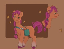 Size: 1556x1187 | Tagged: safe, artist:lunarmaxine, sunny starscout, earth pony, pony, g5, abstract background, badge, bag, braid, female, mare, open mouth, smiling, solo, stars, sunny's bag, unshorn fetlocks