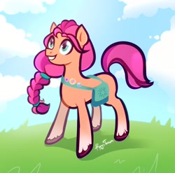 Size: 1900x1880 | Tagged: safe, artist:s_roxxxy, sunny starscout, earth pony, pony, g5, badge, bag, braid, cloud, cute, female, grass, grin, mare, signature, sky, smiling, solo, sunny's bag, sunnybetes, teeth, unshorn fetlocks