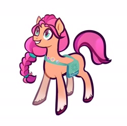 Size: 1900x1880 | Tagged: safe, artist:s_roxxxy, sunny starscout, earth pony, pony, g5, badge, bag, braid, cute, female, grin, mare, signature, simple background, smiling, solo, sunny's bag, sunnybetes, teeth, unshorn fetlocks, white background