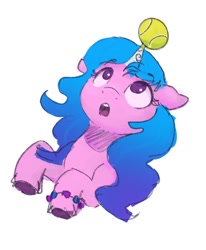 Size: 742x900 | Tagged: safe, artist:thefloatingtree, izzy moonbow, pony, unicorn, g5, ball, bracelet, female, floppy ears, horn, horn guard, horn impalement, hornball, izzy's tennis ball, jewelry, looking up, mare, open mouth, raised hoof, simple background, solo, tennis ball, unshorn fetlocks, white background