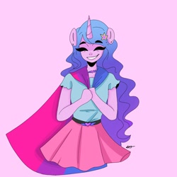 Size: 2048x2048 | Tagged: safe, alternate version, artist:rapunzelights, part of a set, izzy moonbow, unicorn, anthro, g5, bisexual pride flag, cape, choker, clothes, eyelashes, eyes closed, female, grin, headcanon, high res, horn, lgbt headcanon, pink background, pride, pride flag, sexuality headcanon, shirt, signature, simple background, skirt, smiling, solo, teeth