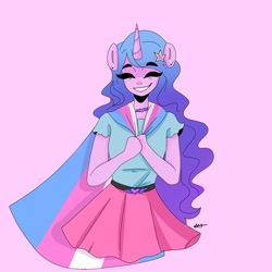 Size: 2048x2048 | Tagged: safe, alternate version, artist:rapunzelights, part of a set, izzy moonbow, unicorn, anthro, g5, cape, choker, clothes, eyelashes, eyes closed, female, gender headcanon, grin, headcanon, high res, horn, lgbt headcanon, pink background, pride, pride flag, shirt, signature, simple background, skirt, smiling, solo, teeth, trans female, trans izzy, transgender, transgender pride flag