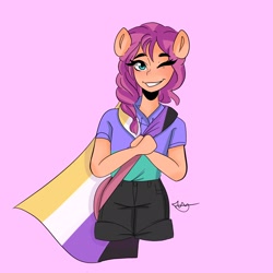 Size: 2048x2048 | Tagged: safe, alternate version, artist:rapunzelights, part of a set, sunny starscout, earth pony, anthro, g5, blushing, braid, cape, clothes, eyelashes, female, gender headcanon, grin, headcanon, high res, lgbt headcanon, looking at you, nonbinary, nonbinary pride flag, one eye closed, pink background, pride, pride flag, shirt, shorts, signature, simple background, smiling, solo, teeth, wink