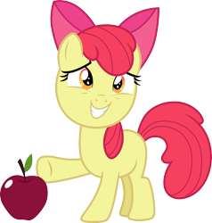Size: 3000x3150 | Tagged: safe, artist:cloudy glow, apple bloom, earth pony, pony, g4, season 4, twilight time, .ai available, adorabloom, apple, awkward smile, cute, female, filly, food, fruit, high res, raised hoof, simple background, smiling, solo, transparent background, vector