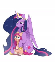 Size: 1812x2048 | Tagged: safe, artist:pineappleartz, sunny starscout, twilight sparkle, alicorn, earth pony, pony, g5, the last problem, braid, female, jewelry, looking at each other, mare, older, older twilight, older twilight sparkle (alicorn), princess twilight 2.0, raised hoof, regalia, simple background, sitting, smiling, sunny and her heroine, twilight sparkle (alicorn), unshorn fetlocks, white background, wings