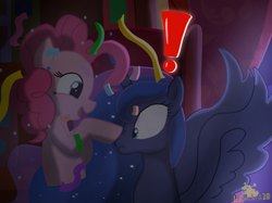 Size: 2732x2048 | Tagged: safe, artist:lordshrekzilla20, pinkie pie, princess luna, fanfic:the one true king, g4, boop, cute, diapinkes, exclamation point, fanfic art, high res, party, story included, surprised