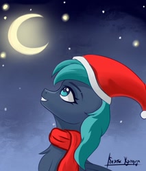 Size: 922x1080 | Tagged: safe, artist:delta hronum, oc, oc only, oc:tria hronum, pegasus, pony, christmas, clothes, feather, female, hat, holiday, mare, moon, pegasus oc, santa hat, scarf, solo, stargazing, wings