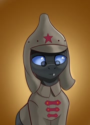 Size: 1000x1400 | Tagged: safe, artist:delta hronum, oc, oc only, oc:gold muffin, changeling, budenovka, changeling oc, clothes, cute, hat, looking at you, male, military uniform, red army, solo, soviet union, uniform