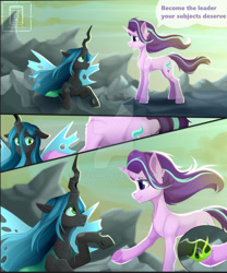 Size: 800x960 | Tagged: safe, artist:buvanybu, queen chrysalis, starlight glimmer, changeling, changeling queen, pony, unicorn, g4, to where and back again, a better ending for chrysalis, alternate ending, comic, duo, female, good end, hoofshake, mare, slender, smiling, thin, watermark, what if