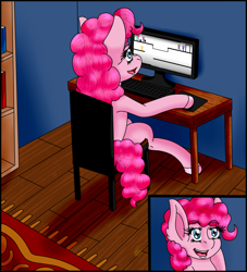 Size: 1000x1100 | Tagged: safe, artist:midnightfire1222, pinkie pie, earth pony, pony, g4, commission, complex background, computer, computer screen, solo
