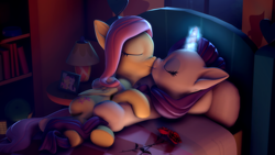 Size: 3840x2160 | Tagged: safe, artist:psfmer, fluttershy, rarity, pegasus, pony, unicorn, g4, 3d, bed, commission, cute, female, flower, fluttershy's cottage (interior), glowing horn, high res, horn, kissing, lamp, lesbian, night, nose wrinkle, nuzzling, picture frame, raribetes, revamped ponies, rose, ship:flarity, shipping, shyabetes, source filmmaker