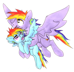 Size: 1632x1578 | Tagged: safe, artist:oddwarg, part of a set, rainbow blaze, rainbow dash, pegasus, pony, g4, duo, female, filly, filly rainbow dash, flying, flying lesson, learning to fly, male, simple background, stallion, training, white background, younger