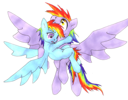 Size: 2005x1569 | Tagged: safe, artist:oddwarg, part of a set, rainbow blaze, rainbow dash, pegasus, pony, g4, duo, female, filly, filly rainbow dash, flying, flying lesson, holding, learning to fly, simple background, training, white background, younger