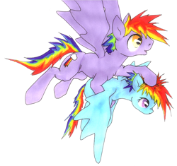 Size: 1650x1551 | Tagged: safe, artist:oddwarg, part of a set, rainbow blaze, rainbow dash, pegasus, pony, g4, duo, female, filly, filly rainbow dash, flying, flying lesson, holding, learning to fly, simple background, training, white background, younger