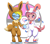 Size: 1750x1531 | Tagged: safe, artist:canister, oc, oc only, oc:cloud cuddler, oc:sweet haze, earth pony, eevee, pegasus, pony, sylveon, semi-anthro, arm hooves, clothes, costume, crossover, earth pony oc, eyes closed, female, glasses, heart, holding hooves, hoof hold, kigurumi, male, onesie, pegasus oc, poké ball, pokémon, smiling